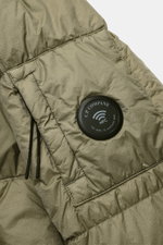 Close-up view of C.P. Company Down jacket olive sleeve, showing ripstop quick-drying microfiber with slightly textured feel, warm down filling, slim fit, garment dyed fabric, durable two-way zipper, hood with drawstring, zippered front pockets, patch arm 