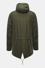 Rückansicht der C.P. Company Daunenjacke oliv aus schnelltrocknendem Ripstop mit Kapuze, Regular Fit, windabweisend, wasserdicht, elastischen Abschlüssen, verstellbarem Saum.