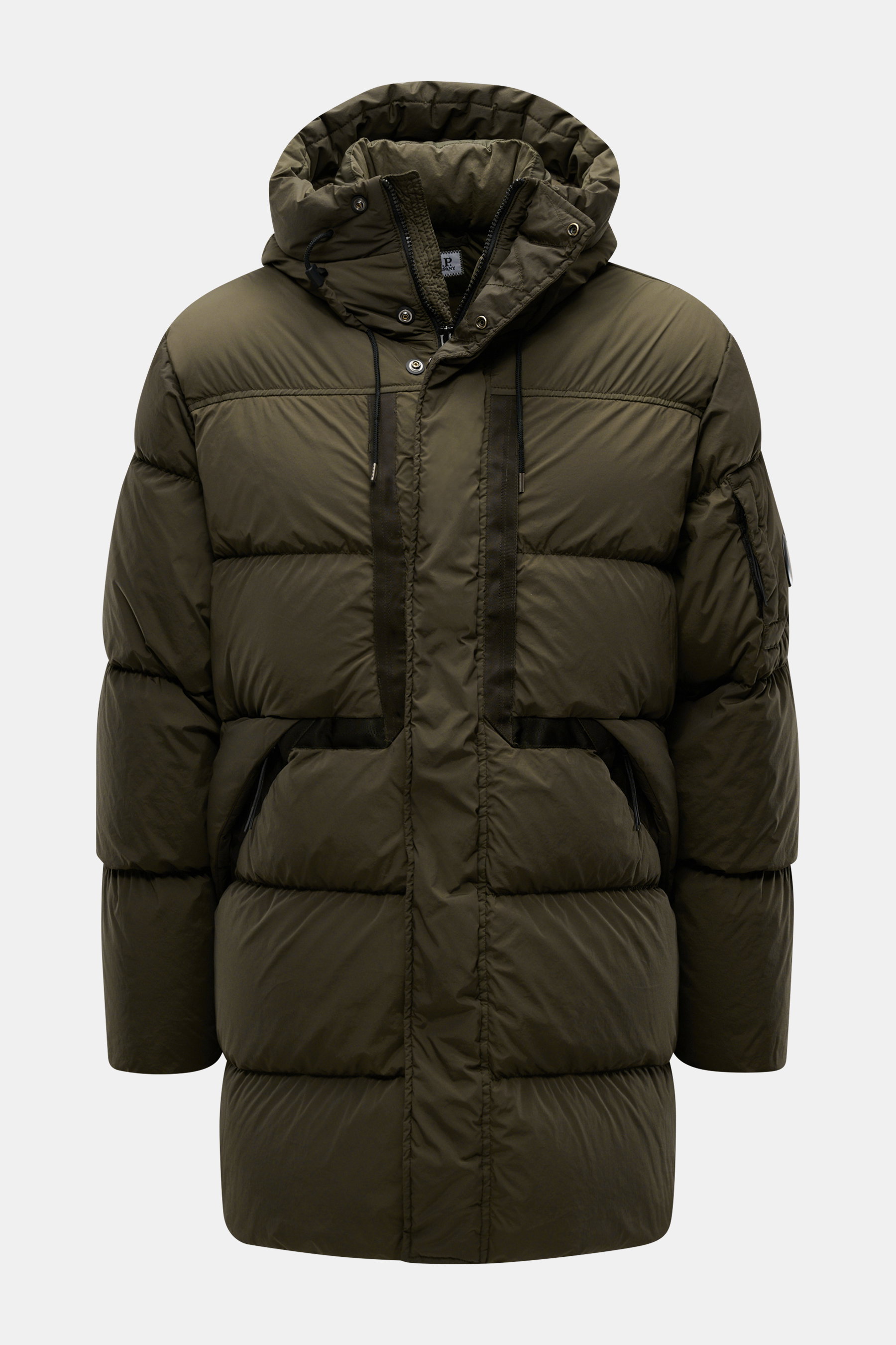 Front view of C.P. Company Down jacket 'Nycra-R' dark olive, slim fit with high-quality recycled microfiber, lightweight, elastic, water-repellent, warm down filling, garment dyed, two-way zipper, wind flap with press studs, hood with drawstring, zipper c