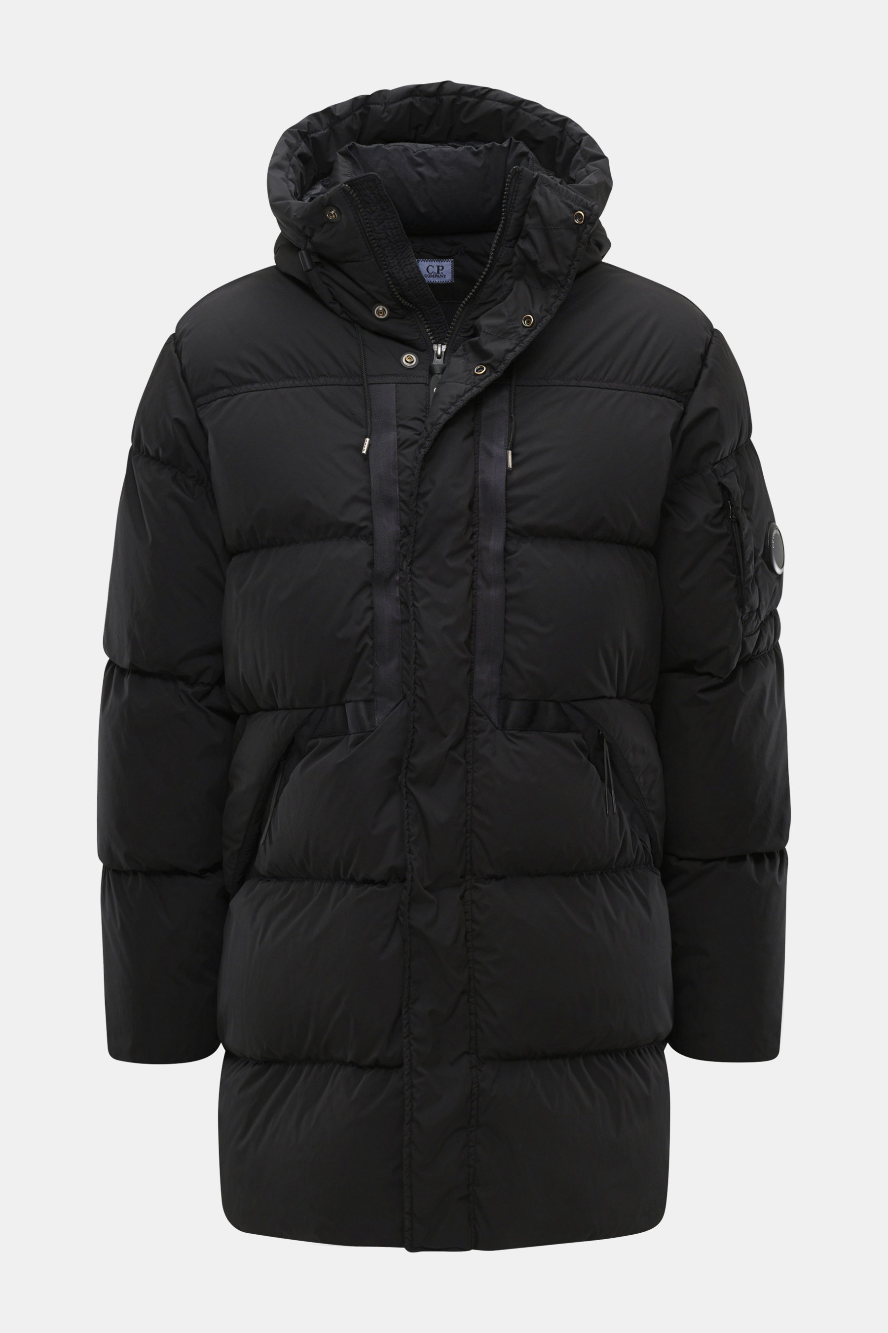 Front view of C.P. Company Down jacket 'Nycra-R' black, featuring high-quality recycled microfiber, very lightweight elastic quality, water-repellent, warm down filling, garment dyed, slim fit, two-way zipper, wind flap with press studs, hood with drawstr