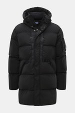 Front view of C.P. Company Down jacket 'Nycra-R' black, featuring high-quality recycled microfiber, very lightweight elastic quality, water-repellent, warm down filling, garment dyed, slim fit, two-way zipper, wind flap with press studs, hood with drawstr