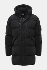 Front view of C.P. Company Down jacket 'Nycra-R' black, featuring high-quality recycled microfiber, very lightweight elastic quality, water-repellent, warm down filling, garment dyed, slim fit, two-way zipper, wind flap with press studs, hood with drawstr