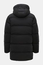 Back view of C.P. Company Down jacket 'Nycra-R' black, slim fit, high-quality recycled microfiber, lightweight, elastic, water-repellent, warm down filling, garment dyed, hood with drawstring, two-way zipper, wind flap with press studs, zipper chest pocke