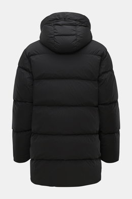 Back view of C.P. Company Down jacket 'Nycra-R' black, slim fit, high-quality recycled microfiber, lightweight, elastic, water-repellent, warm down filling, garment dyed, hood with drawstring, two-way zipper, wind flap with press studs, zipper chest pocke