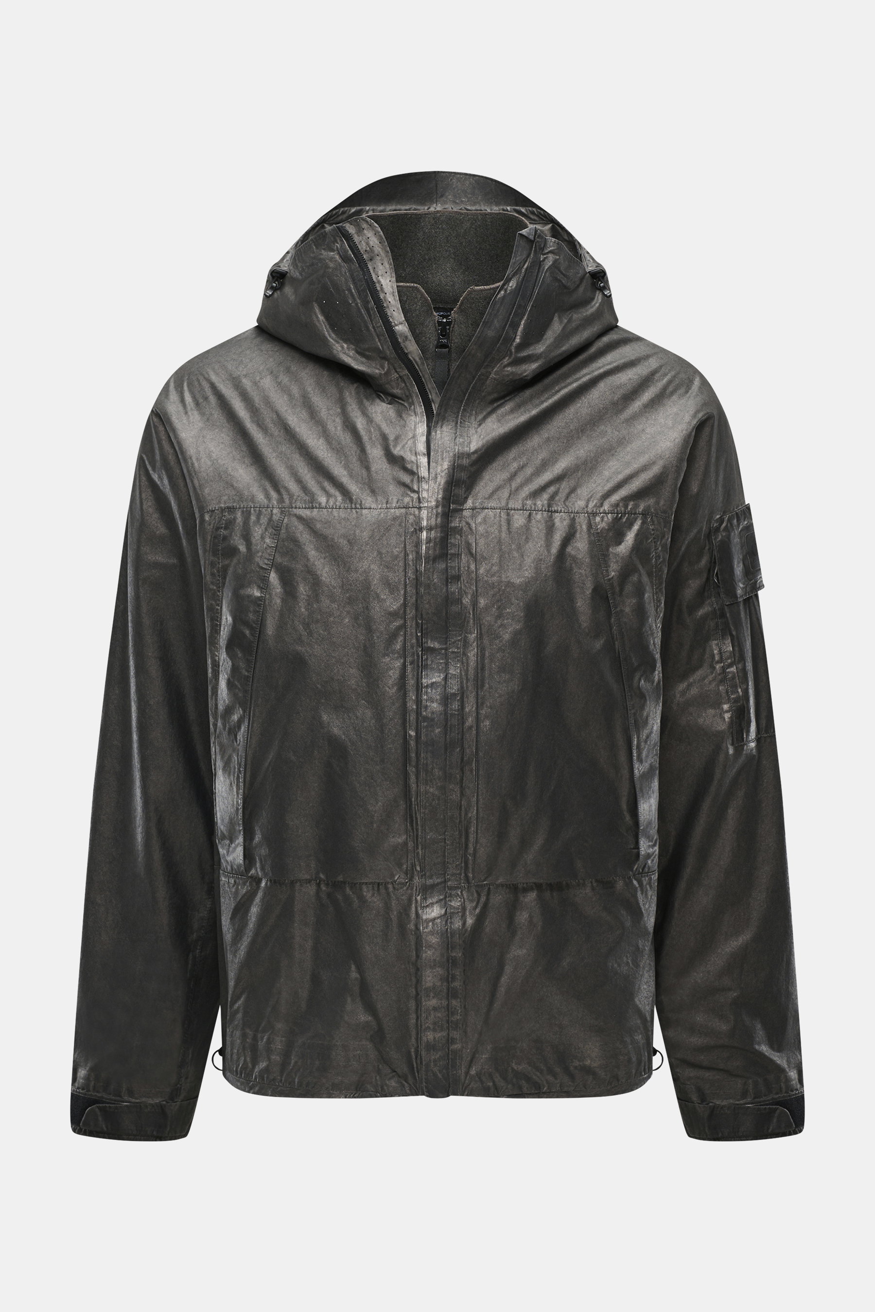 Front view of C.P. Company Jacket 'Metropolis' dark grey made of high-quality microfiber with smooth feel, wind- and water-repellent, warm wool inlay, slim fit, durable zipper, high-closing collar, hood with drawstring, zipper hand warming pockets, arm po