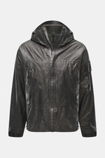 Front view of C.P. Company Jacket 'Metropolis' dark grey made of high-quality microfiber with smooth feel, wind- and water-repellent, warm wool inlay, slim fit, durable zipper, high-closing collar, hood with drawstring, zipper hand warming pockets, arm po
