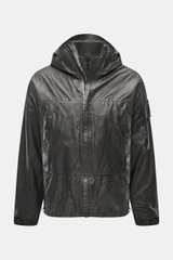 Front view of C.P. Company Jacket 'Metropolis' dark grey made of high-quality microfiber with smooth feel, wind- and water-repellent, warm wool inlay, slim fit, durable zipper, high-closing collar, hood with drawstring, zipper hand warming pockets, arm po
