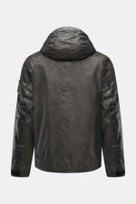 Back view of C.P. Company Jacket 'Metropolis' dark grey, slim fit, high-quality microfiber with smooth feel, wind- and water-repellent, warm wool inlay, durable zipper, high-closing collar, hood with drawstring, zipper hand warming pockets, arm pocket wit