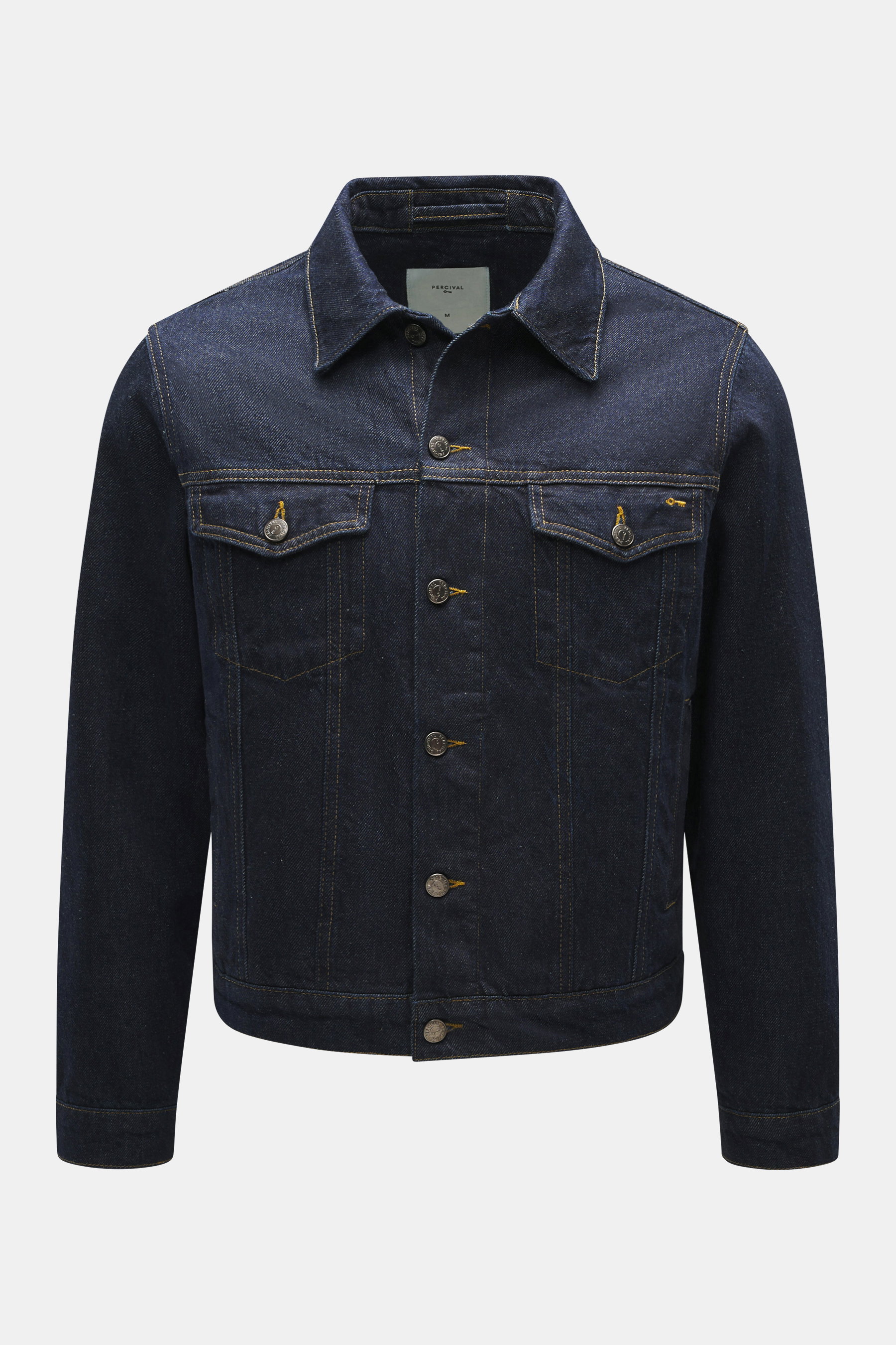 Percival Jeansjacke 'Western Trucker' navy in Slim Fit, reine Baumwolle, von vorne fotografiert mit Umlegekragen, Brusttaschen, Knopfleiste, regulierbaren Taillenriegeln.