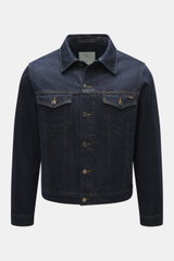 Percival Jeansjacke 'Western Trucker' navy in Slim Fit, reine Baumwolle, von vorne fotografiert mit Umlegekragen, Brusttaschen, Knopfleiste, regulierbaren Taillenriegeln.