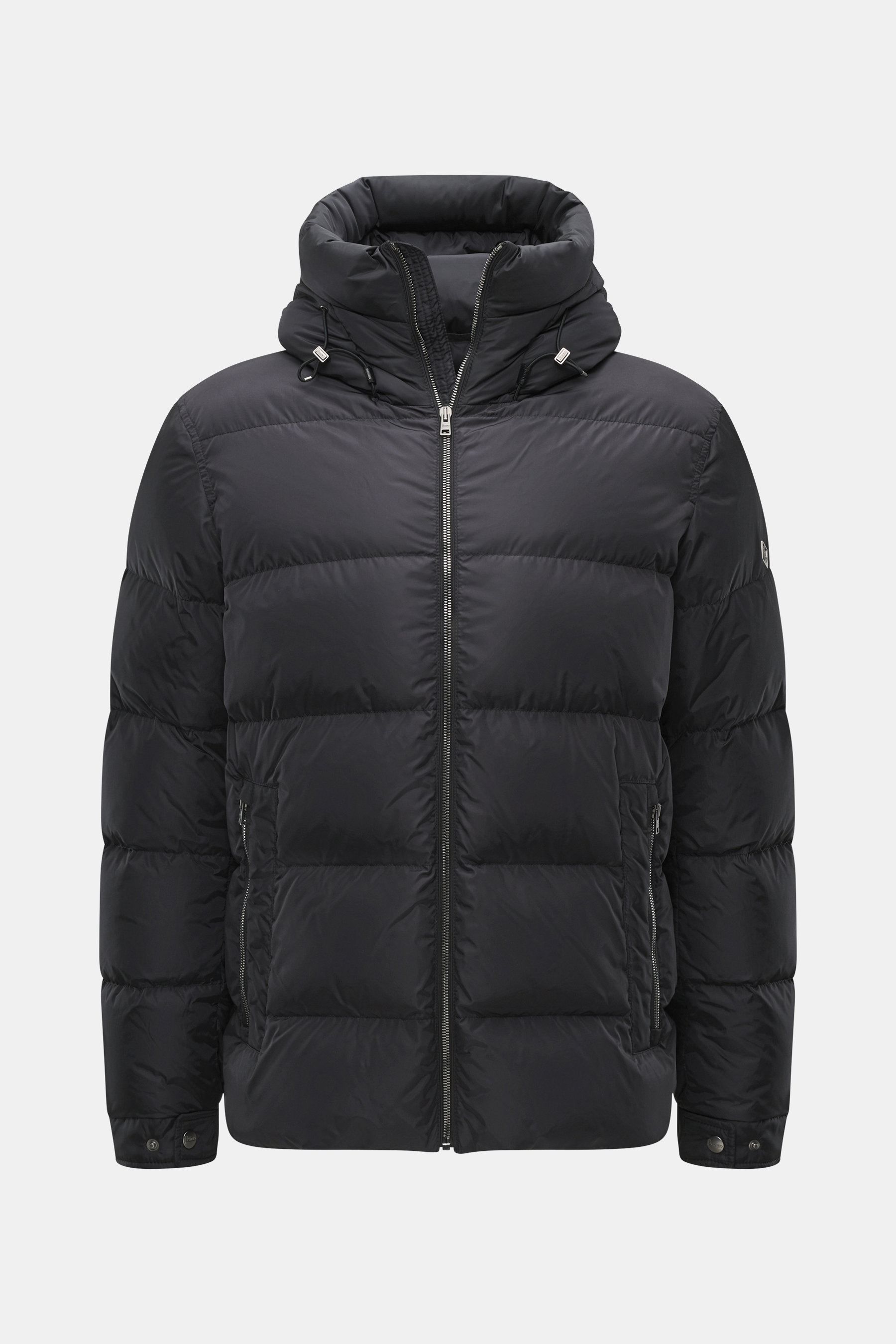 Front view of Herno Down jacket black made of high-quality microfiber with soft touch, warm down filling, regular fit, durable zipper, practical hood with drawstring, slanted hip pockets with zipper, smooth lining fabric, adjustable hem width, sleeve cuff
