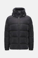 Front view of Herno Down jacket black made of high-quality microfiber with soft touch, warm down filling, regular fit, durable zipper, practical hood with drawstring, slanted hip pockets with zipper, smooth lining fabric, adjustable hem width, sleeve cuff