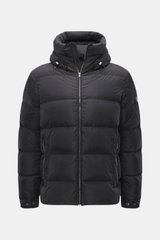 Front view of Herno Down jacket black made of high-quality microfiber with soft touch, warm down filling, regular fit, durable zipper, practical hood with drawstring, slanted hip pockets with zipper, smooth lining fabric, adjustable hem width, sleeve cuff