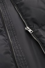 Close-up view of the durable zipper on the Herno Down jacket black, showcasing high-quality microfiber, soft touch, warm down filling, regular fit, practical hood with drawstring, slanted hip pockets with zipper, smooth lining fabric, adjustable hem width
