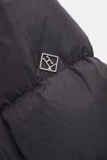 Close-up rear side view of Herno Down jacket black, featuring high-quality microfiber, soft touch, warm down filling, regular fit, durable zipper, practical hood with drawstring, slanted hip pockets with zipper, smooth lining fabric, adjustable hem width,