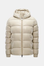 Front view of Herno Down jacket beige made of high-quality microfiber with smooth feel, warm down filling, regular fit, two-way zipper, detachable hood, slanted hip pockets with zipper, soft lining fabric, zipper pocket with patch on the sleeve, and one i