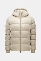 Front view of Herno Down jacket beige made of high-quality microfiber with smooth feel, warm down filling, regular fit, two-way zipper, detachable hood, slanted hip pockets with zipper, soft lining fabric, zipper pocket with patch on the sleeve, and one i