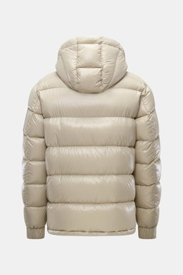 Herno Down jacket beige shown from the back, made of high-quality microfiber with smooth feel, warm down filling, regular fit, two-way zipper, detachable hood, slanted hip pockets with zipper, soft lining fabric, sleeve zipper pocket with patch, and one i