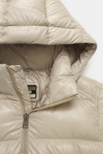 Herno Down jacket beige shown from a close-up top-front perspective, featuring high-quality microfiber, smooth feel, warm down filling, regular fit, two-way zipper, detachable hood, slanted hip pockets with zipper, soft lining fabric, zipper pocket with p