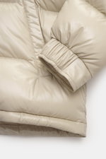 Close-up front-side view of Herno Down jacket beige sleeve and body, made of high-quality microfiber with a smooth feel, warm down filling, regular fit, two-way zipper, detachable hood, slanted hip pockets with zipper, soft lining fabric, zipper pocket wi