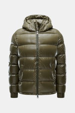 Front view of Herno Down jacket olive made of high-quality microfiber with smooth feel, warm down filling, regular fit, two-way zipper, detachable hood, slanted hip pockets with zipper, soft lining fabric, zipper pocket with patch on the sleeve, and one i