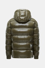 Herno Down jacket olive shown from the back, high-quality microfiber, smooth feel, warm down filling, regular fit, two-way zipper, detachable hood, slanted hip pockets with zipper, soft lining fabric, zipper pocket with patch on sleeve, one inner pocket.