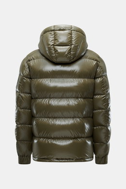 Herno Down jacket olive shown from the back, high-quality microfiber, smooth feel, warm down filling, regular fit, two-way zipper, detachable hood, slanted hip pockets with zipper, soft lining fabric, zipper pocket with patch on sleeve, one inner pocket.