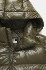 Herno Down jacket olive photographed from a top front close-up showing high-quality microfiber, smooth feel, warm down filling, regular fit, two-way zipper, detachable hood, slanted hip pockets with zipper, soft lining fabric, zipper pocket with patch on 