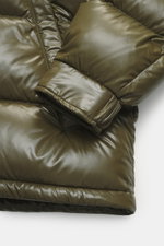Close-up front view of Herno Down jacket olive sleeve, made of high-quality microfiber with smooth feel, warm down filling, regular fit, two-way zipper, detachable hood, slanted hip zipper pockets, soft lining fabric, zipper pocket with patch on sleeve, a