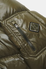 Close-up view of Herno Down jacket olive sleeve showing high-quality microfiber with smooth feel, warm down filling, regular fit, two-way zipper, detachable hood, slanted hip pockets with zipper, soft lining fabric, zipper pocket with patch on the sleeve,