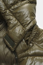 Close-up front view of Herno Down jacket olive showing high-quality microfiber with smooth feel, warm down filling, regular fit, two-way zipper, detachable hood, slanted hip pockets with zipper, soft lining fabric, zipper pocket with patch on sleeve, and 