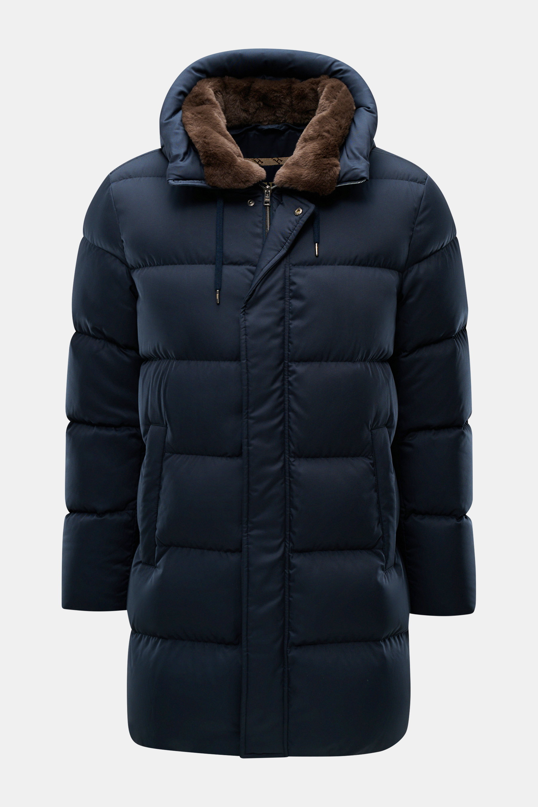 Herno Daunen-Steppmantel navy, frontale Nahaufnahme, Steppmantel mit wasserabweisender Microfaser, abnehmbarem Webpelzkragen, Kapuze mit Tunnelzug, Daunenfüllung, Regular Fit.