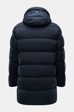 Rückansicht des Herno Daunen-Steppmantel navy, leichtgewichtig, wasserabweisend mit Kapuze, abnehmbarem Webpelzkragen und wärmender Daunenfüllung.