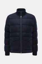 Front view of Herno Down jacket navy made of elastic virgin wool with soft touch, warm down filling, regular fit, two-way zipper, rib knit collar and sleeve cuffs, patch front pockets, smooth lining fabric, and two inner pockets.