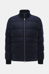 Front view of Herno Down jacket navy made of elastic virgin wool with soft touch, warm down filling, regular fit, two-way zipper, rib knit collar and sleeve cuffs, patch front pockets, smooth lining fabric, and two inner pockets.