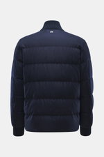 Back view of Herno Down jacket navy, photographed from behind, featuring elastic virgin wool, soft touch, warm down filling, regular fit, two-way zipper, rib knit collar and sleeve cuffs, patch front pockets, smooth lining fabric, and two inner pockets.