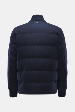 Back view of Herno Down jacket navy, photographed from behind, featuring elastic virgin wool, soft touch, warm down filling, regular fit, two-way zipper, rib knit collar and sleeve cuffs, patch front pockets, smooth lining fabric, and two inner pockets.