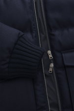 Close-up front view of the Herno Down jacket navy showing elastic virgin wool, soft touch, warm down filling, regular fit, two-way zipper, rib knit collar and sleeve cuffs, patch front pockets, smooth lining fabric, and two inner pockets.