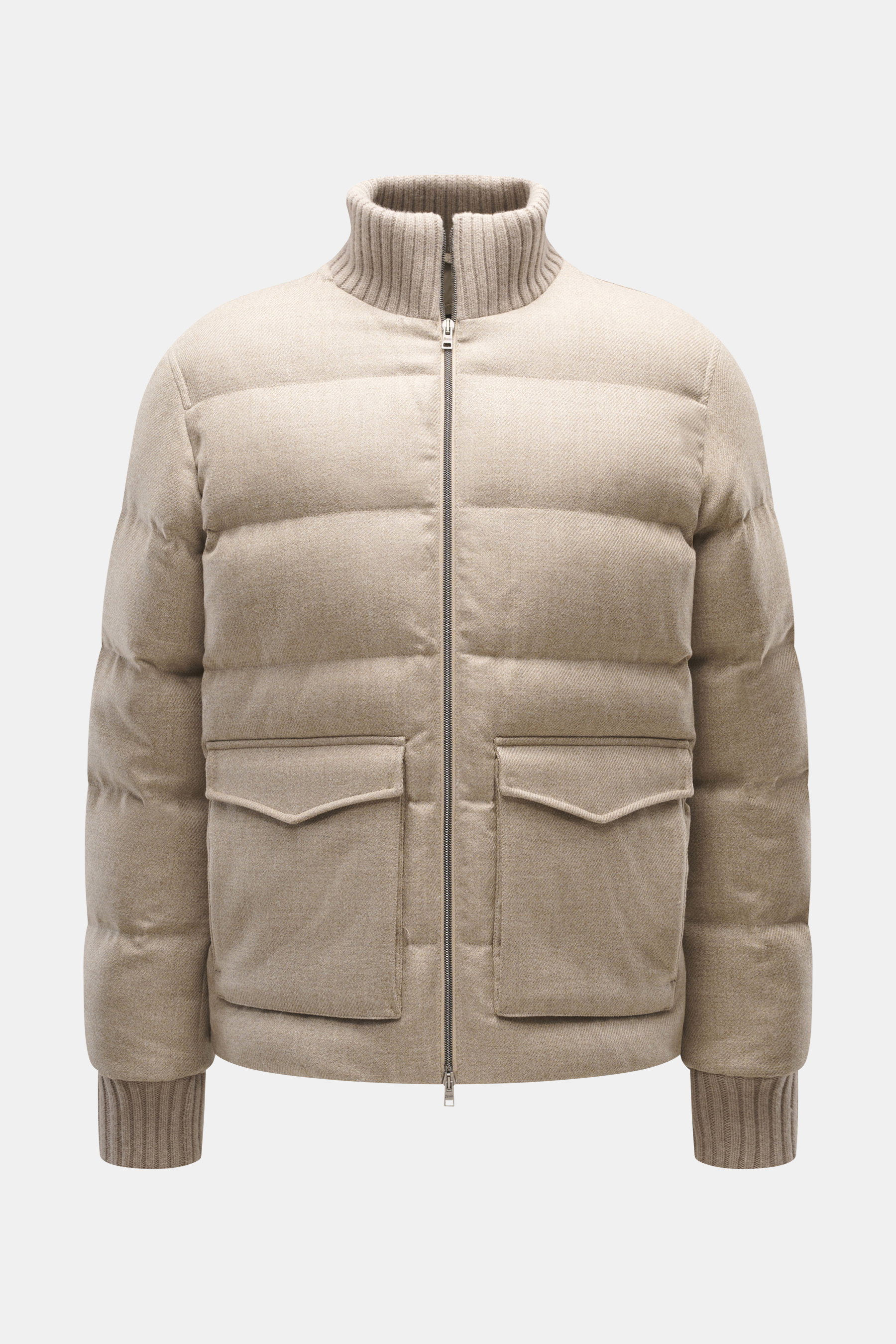 Front view of Herno Down jacket beige made of elastic virgin wool with soft touch, warm down filling, regular fit, two-way zipper, rib knit collar and sleeve cuffs, patch front pockets, smooth lining fabric, and two inner pockets.