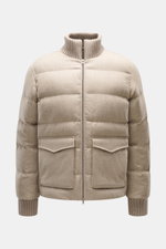 Front view of Herno Down jacket beige made of elastic virgin wool with soft touch, warm down filling, regular fit, two-way zipper, rib knit collar and sleeve cuffs, patch front pockets, smooth lining fabric, and two inner pockets.