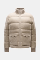 Front view of Herno Down jacket beige made of elastic virgin wool with soft touch, warm down filling, regular fit, two-way zipper, rib knit collar and sleeve cuffs, patch front pockets, smooth lining fabric, and two inner pockets.