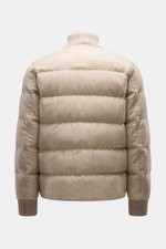 Herno Down jacket beige shown from the back, featuring elastic virgin wool, soft touch, warm down filling, regular fit, two-way zipper, rib knit collar and sleeve cuffs.