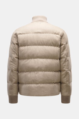 Herno Down jacket beige shown from the back, featuring elastic virgin wool, soft touch, warm down filling, regular fit, two-way zipper, rib knit collar and sleeve cuffs.