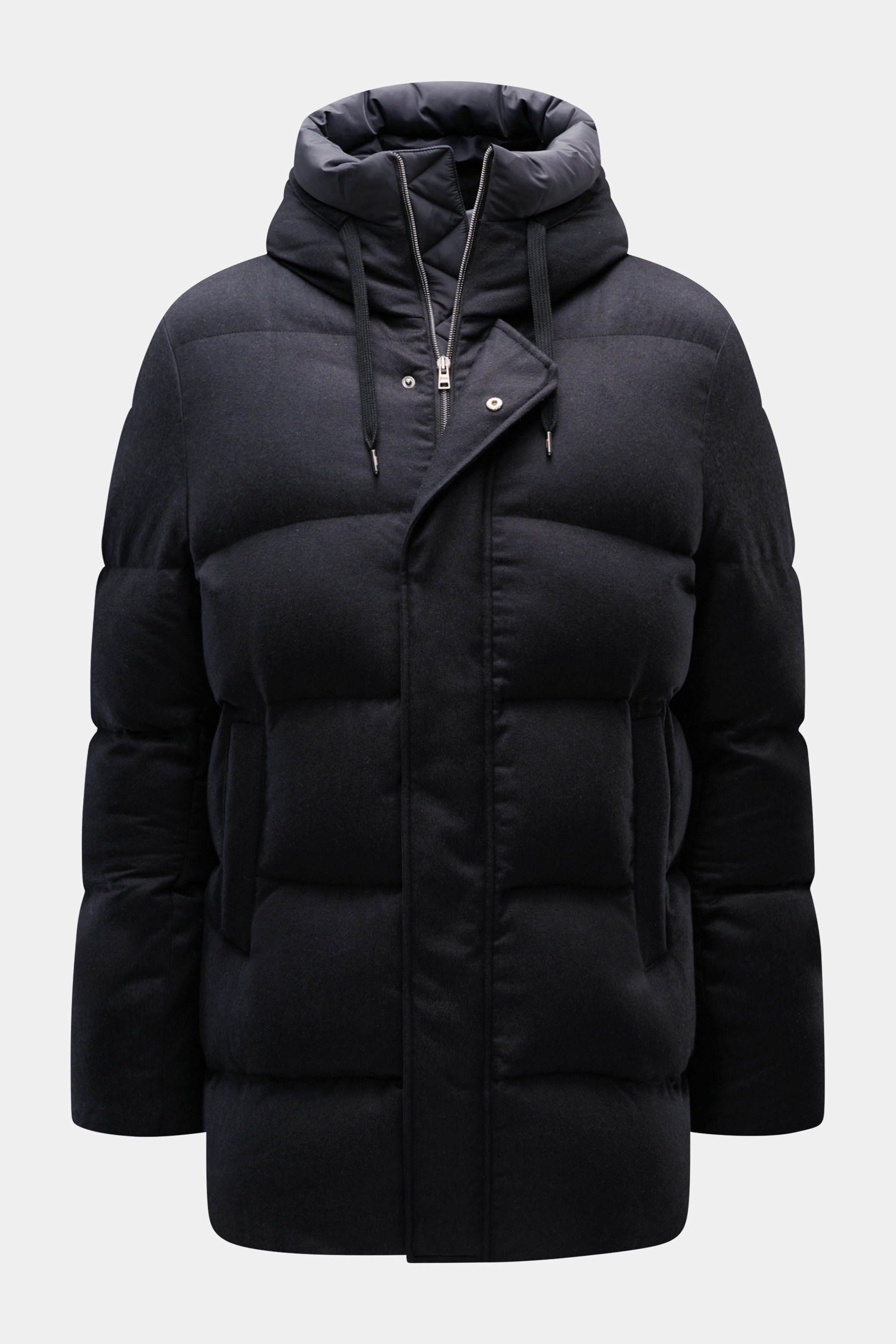 Front view of Herno Down jacket dark grey, luxurious silk and cashmere mix, soft touch, water-repellent, with adjustable hood, windproof cuffs, warming down filling, snap button wind flap, hand pockets, adjustable hem, and branded lining.