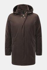 Front view of Herno Down jacket gray brown in a regular fit, made of a mix of microfiber and viscose with soft touch, light down filling, two-way zipper, wind flap with snap buttons, removable rib-knit collar trim, detachable hood, front pockets with snap