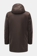 Herno Down jacket gray brown shown from back, mix of microfiber and viscose, soft touch, light down filling, regular fit, two-way zipper, wind flap with snap buttons, removable rib-knit collar trim, detachable hood, front pockets with snap button, quilted