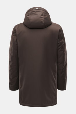 Herno Down jacket gray brown shown from back, mix of microfiber and viscose, soft touch, light down filling, regular fit, two-way zipper, wind flap with snap buttons, removable rib-knit collar trim, detachable hood, front pockets with snap button, quilted