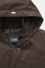 Close-up front view of Herno Down jacket gray brown showcasing the hood with removable rib-knit collar trim, two-way zipper, wind flap with snap buttons, quilted lining, front pockets with snap buttons, and two inner pockets, made from a mix of microfiber