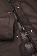 Close-up front view of Herno Down jacket gray brown showing two-way zipper, snap buttons, quilted lining, made of microfiber and viscose with soft touch.
