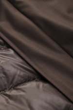 Close-up shot of fabric details of the Herno Down jacket gray brown, showing a mix of microfiber and viscose with soft touch, light down filling, regular fit, two-way zipper, wind flap with snap buttons, removable rib-knit collar trim, detachable hood, fr
